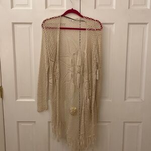 NWT Volcom Cream Camp Fire Fishnet Fringe Wrap Kimono